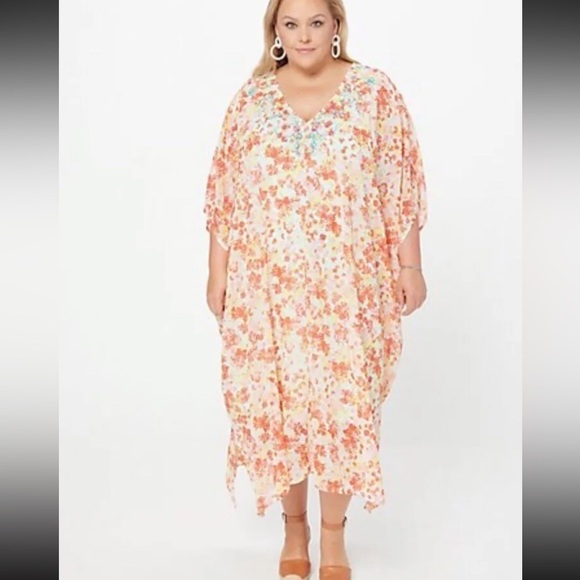 Jason Wu Women’s Embroidered Caftan Size 3X Floral Midi Dress Kimono Sleeves - Picture 1 of 9